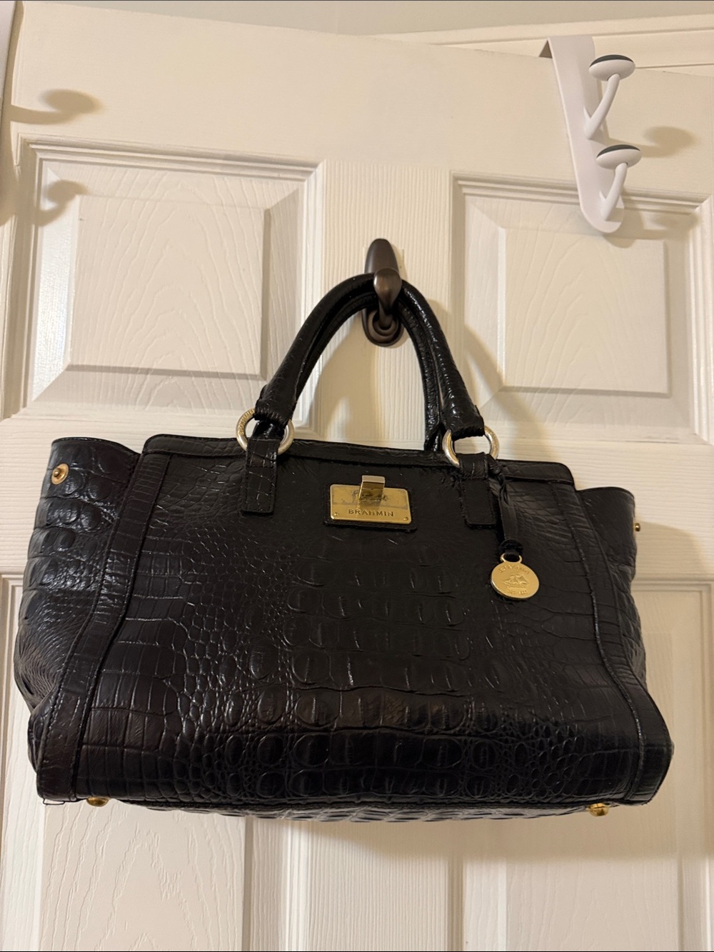 Brahmin Black Croc-Embossed Leather Satchel with Gold Hardware